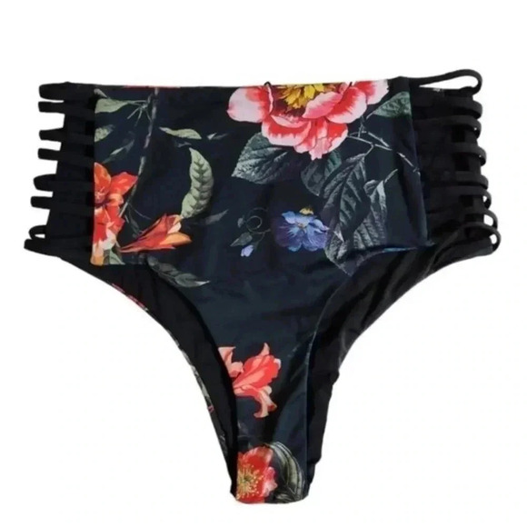 TiniBikini Reversible Dark Floral High Waisted Strappy Bikini Bottoms - Picture 1 of 9
